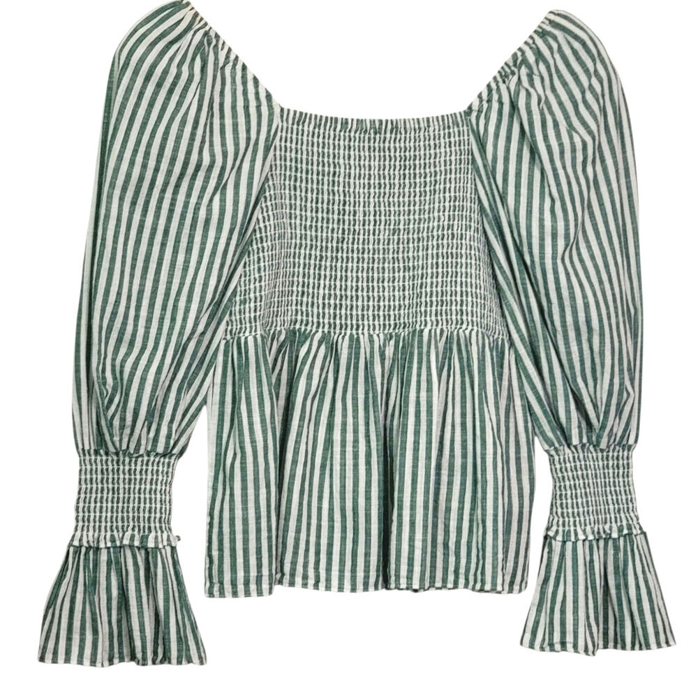 Cinq à Sept Adly Green White Stripe Smocked Puff Sleeve Peplum Top M - Picture 8 of 15